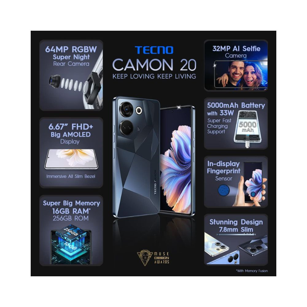 TECNO Camon 20 Predawn Black 8GB RAM256GB Storage16GB Expandable RAM  64MP RGBW Rear Camera667 FHD Big AMOLED with in-Display Fingerprint Sensor