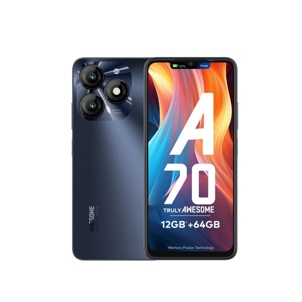 itel A70 4GB RAM 64GB ROM Upto 12GB RAM with Memory Fusion  13MP Dual Rear Camera  8MP Front Camera  5000mAh with Type-C  Dynamic Bar  Side Fingerprint  Octa-Core Processor  Starlish Black