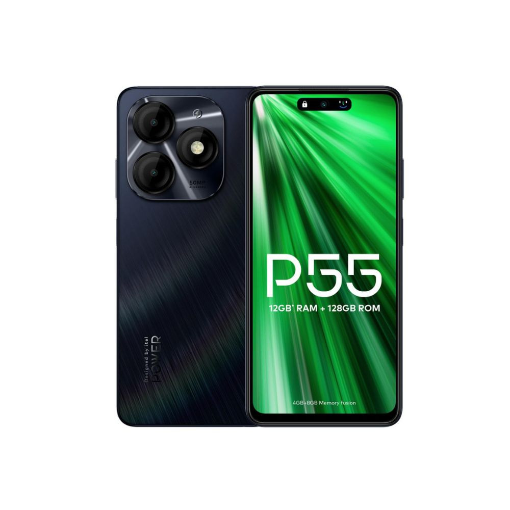 itel P55 4G  Upto 12GB RAM with Memory Fusion  128GB ROM 50MP AI Dual Rear Camera  8MP Front Camera 5000mAh Battery with 18W Charger  Dynamic BarUFS 22 Moonlit Black