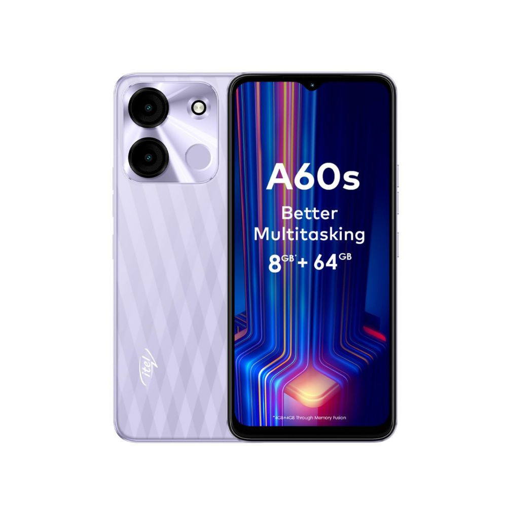 itel A60s 4GB RAM  64GB ROM Up to 8GB RAM with Memory Fusion  8MP AI Rear Camera  5000mAh Battery with 10W Charging  Faceunlock  Fingerprint - Moonlit Violet