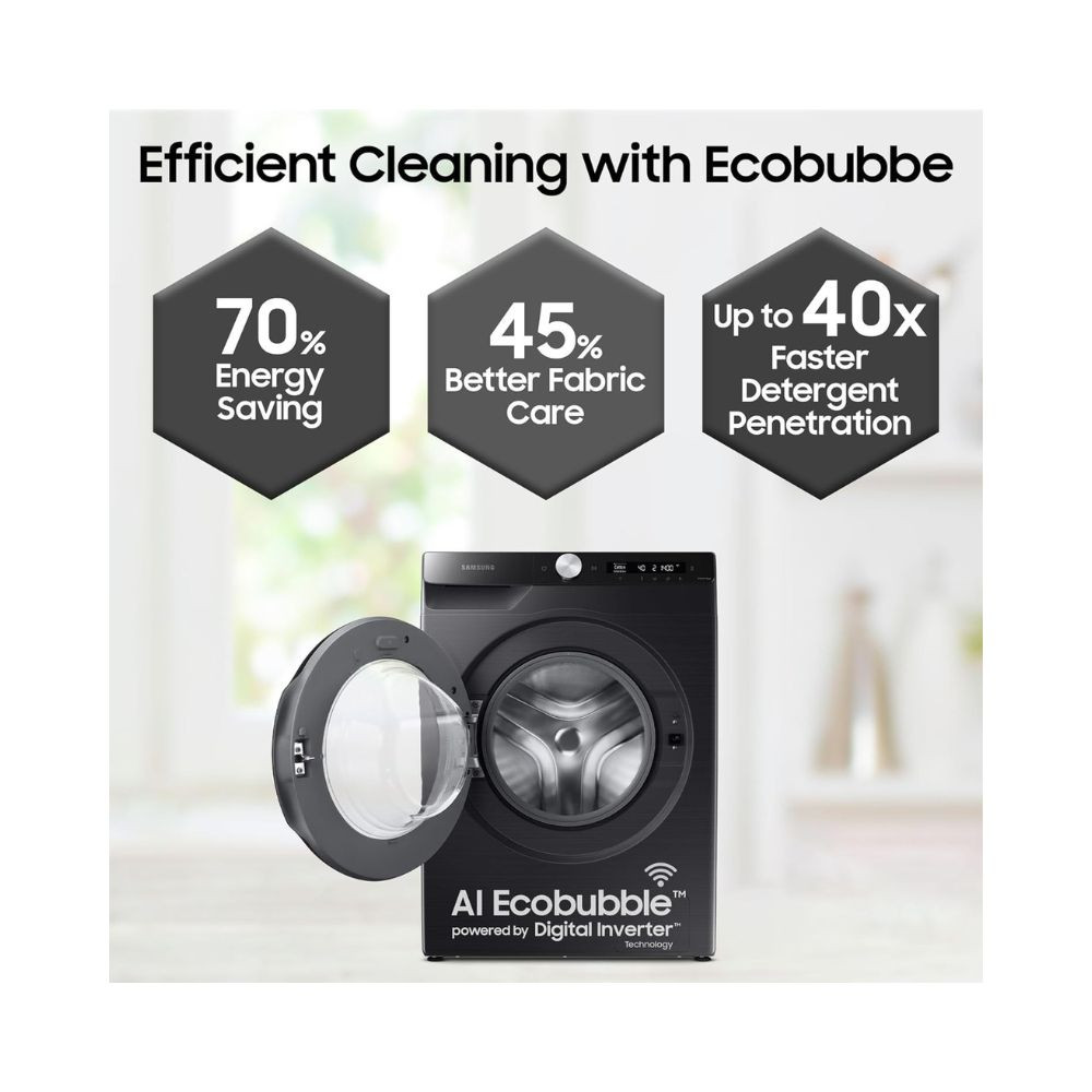 Samsung 8 kg 5 star Eco Bubble Technology AI Control Wi-Fi Fully-Automatic Front Load Washing Machine WW80T504DAB1TL Hygiene Steam Black Caviar Awarded as Washing Machine Brand of the year