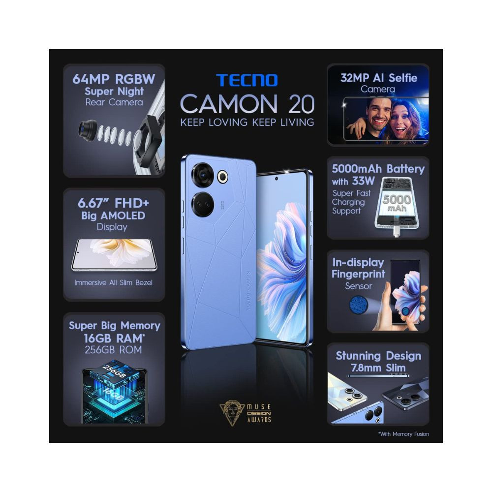 TECNO Camon 20 Art Edition 8GB RAM256GB Storage16GB Expandable RAM  64MP RGBW Rear Camera667 FHD Big AMOLED with in-Display Fingerprint Sensor