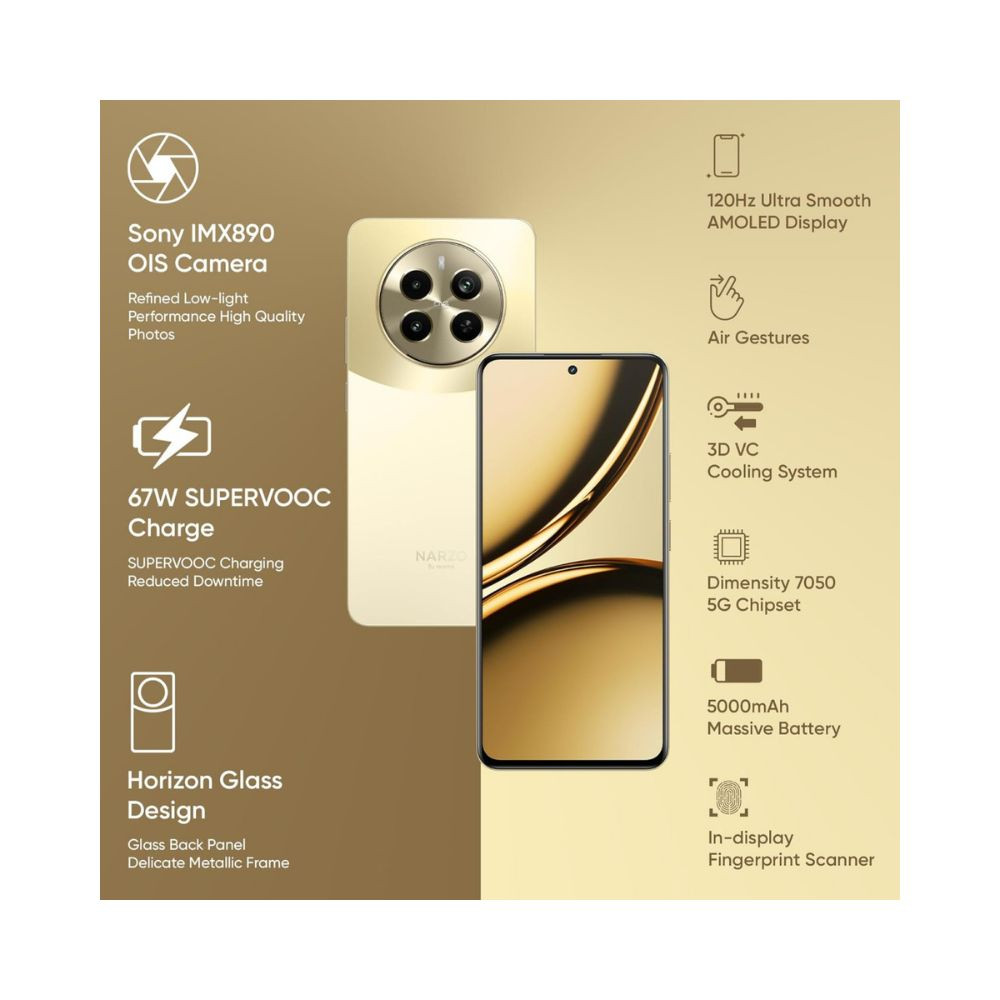 realme NARZO 70 Pro 5G Glass Gold 8GB RAM256GB Storage Dimensity 7050 5G Chipset  Horizon Glass Design  Segment 1st Flagship Sony IMX890 OIS Camera