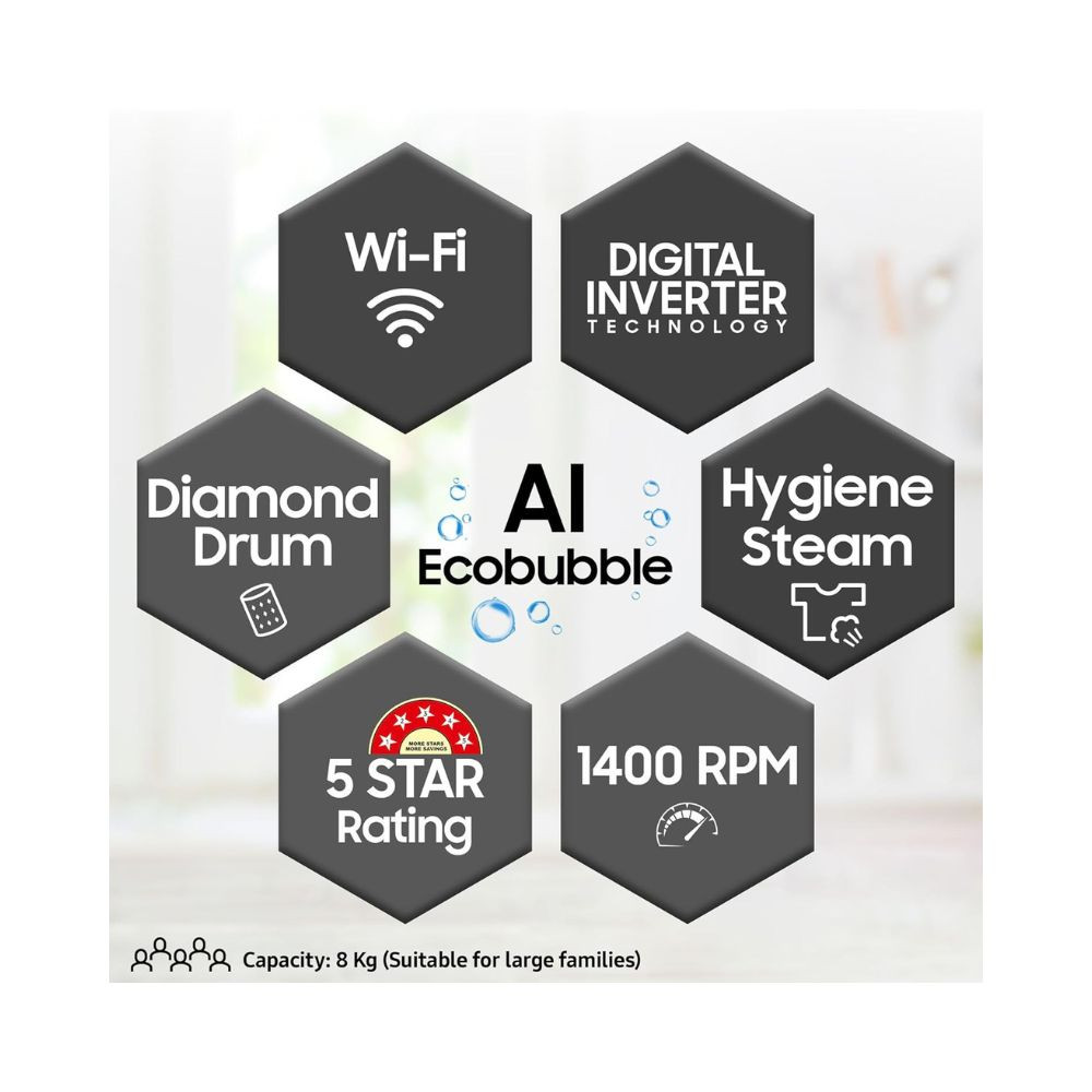 Samsung 12 kg 5 Star AI Ecobubble Super Speed Wi-Fi Hygiene Steam with Inbuilt Heater Digital Inverter Fully-Automatic Front Load Washing Machine WW12DG5B24ABTL Black