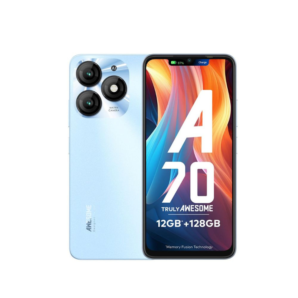 itel A70 4GB RAM 128GB ROM Upto 12GB RAM with Memory Fusion  13MP Dual Rear Camera  8MP Front Camera  5000mAh with Type-C  Dynamic Bar  Side Fingerprint  Octa-Core Processor  Azure Blue