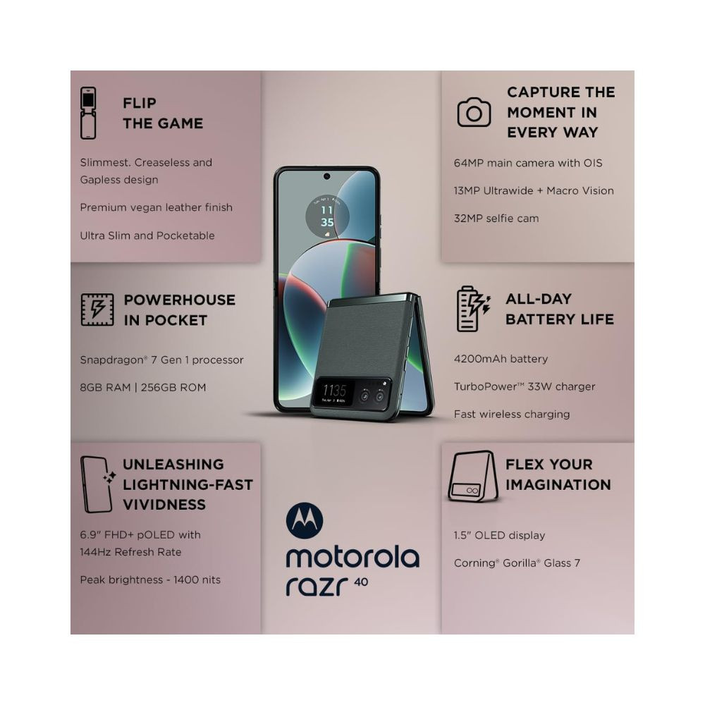 Motorola razr 40 Sage Green 8GB RAM 256GB Storage  External AMOLED Display  69 AMOLED 144Hz Display  64MP Main Camera  Android 13