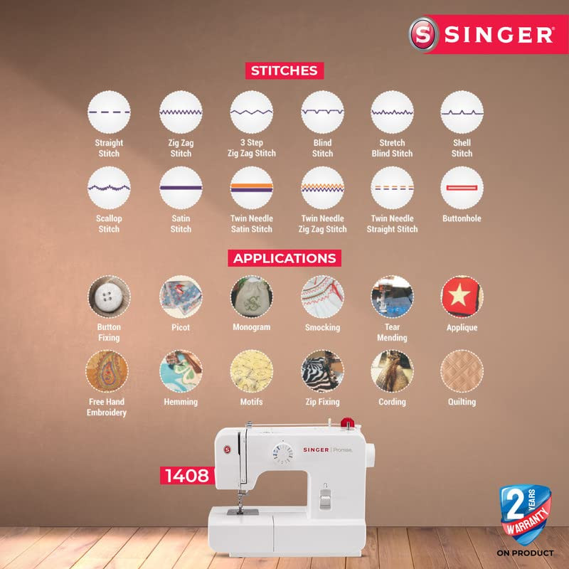 Singer Promise 1408 Zig-Zag Sewing Machine 8 Built-in Stitches 24 Stitches Functions with 70W Powerful motor  Feed dog with106 Teeth in 6 Rows White-Get Free Online Interactive Master Class