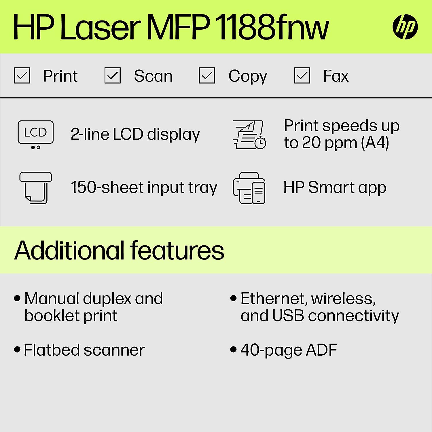 HP Laser MFP 1188fnw Wireless Print Copy Scan Fax 40-Sheet ADF Hi-Speed USB 20 Ethernet