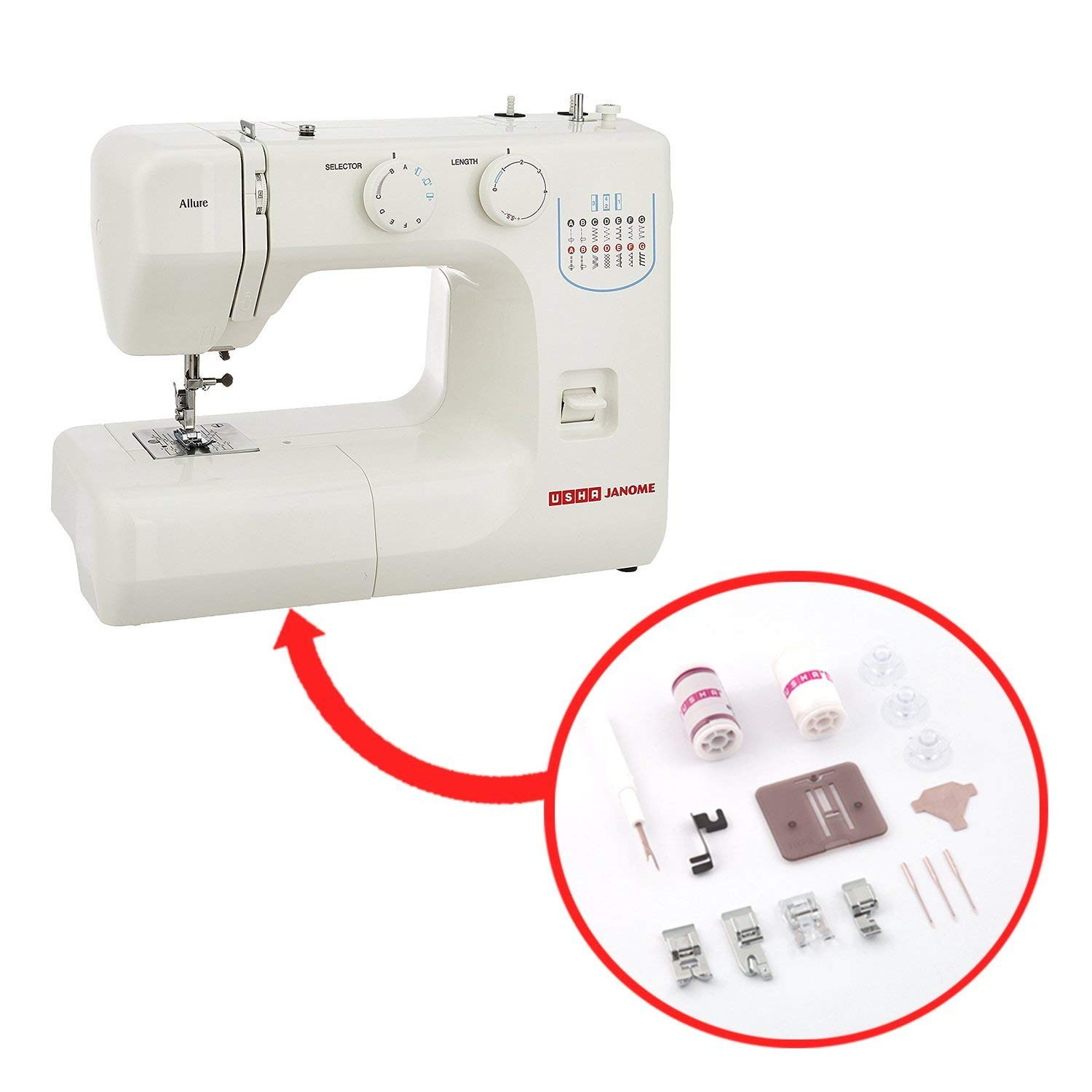 Usha Janome Allure Automatic Zig-Zag Electric Sewing Machine  13 Built-In-Stitches  21 Stitch Function White with complementary Sewing Lessons in Nine languages