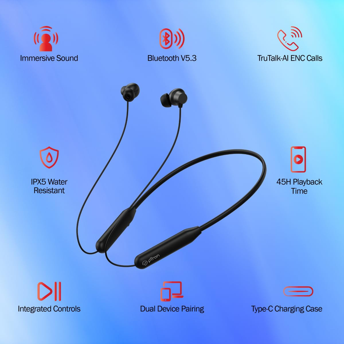 pTron Newly Launched Tangent Eon in-Ear Bluetooth 53 Wireless Headphones 45H Playtime HD Mic  TruTalk AI-ENC Calls MovieMusic Modes Dual Device Pairing  Type-C Fast Charging  IPX5 Black