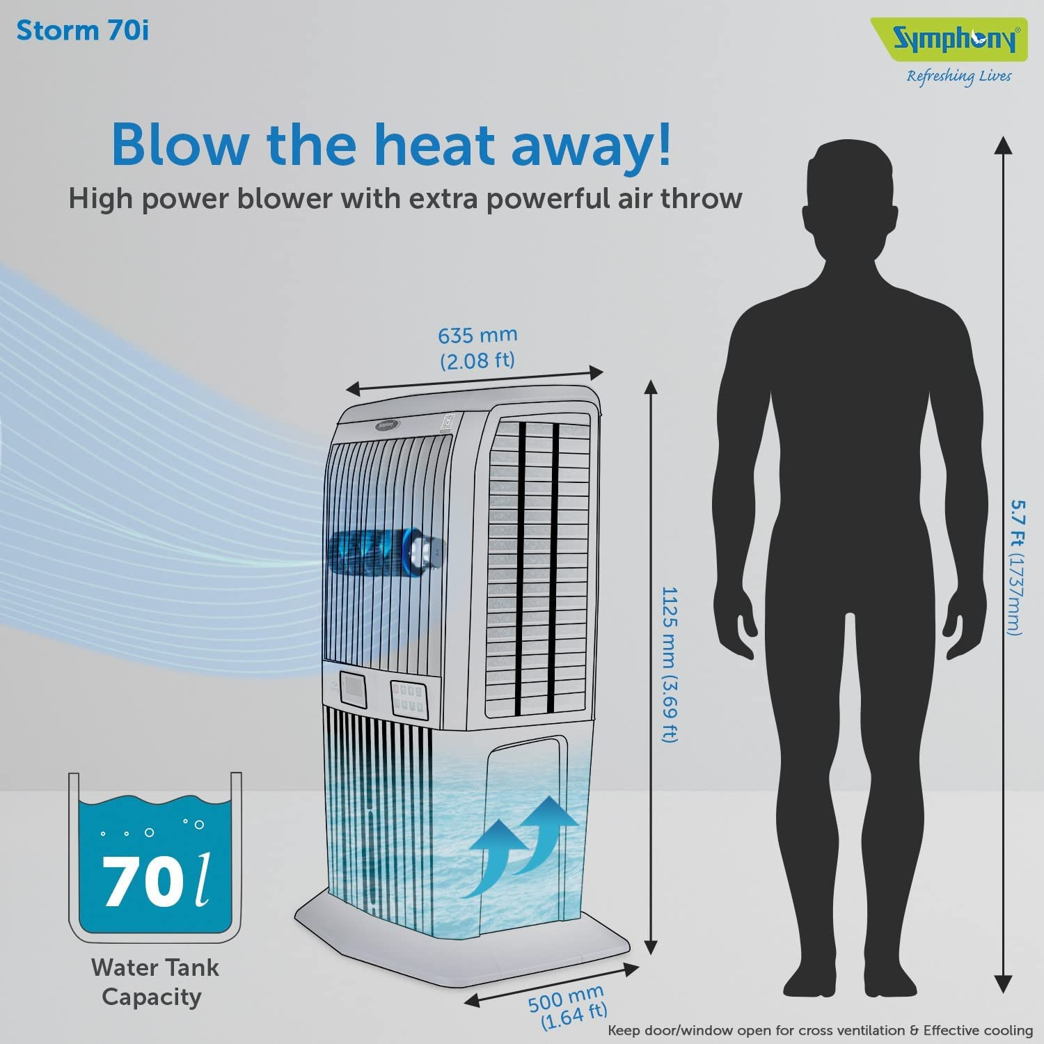 Symphony Storm 70i Desert Air Cooler For Home with 3-Side Honeycomb Pads Powerful Blower i-Pure Technology and LCD Control Panel 70L Grey