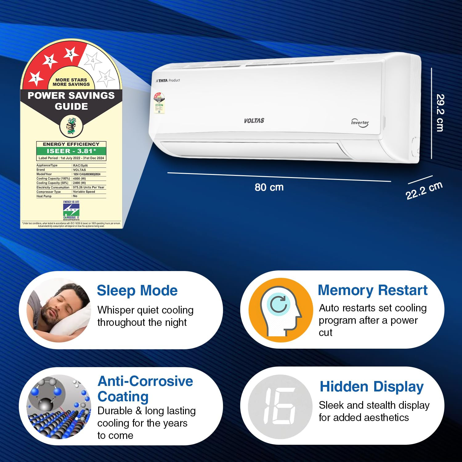 Voltas 15 ton 3 Star Inverter Split AC Copper 4-in-1 Adjustable Mode Anti-dust Filter 2024 Model 183V Vectra CAW White