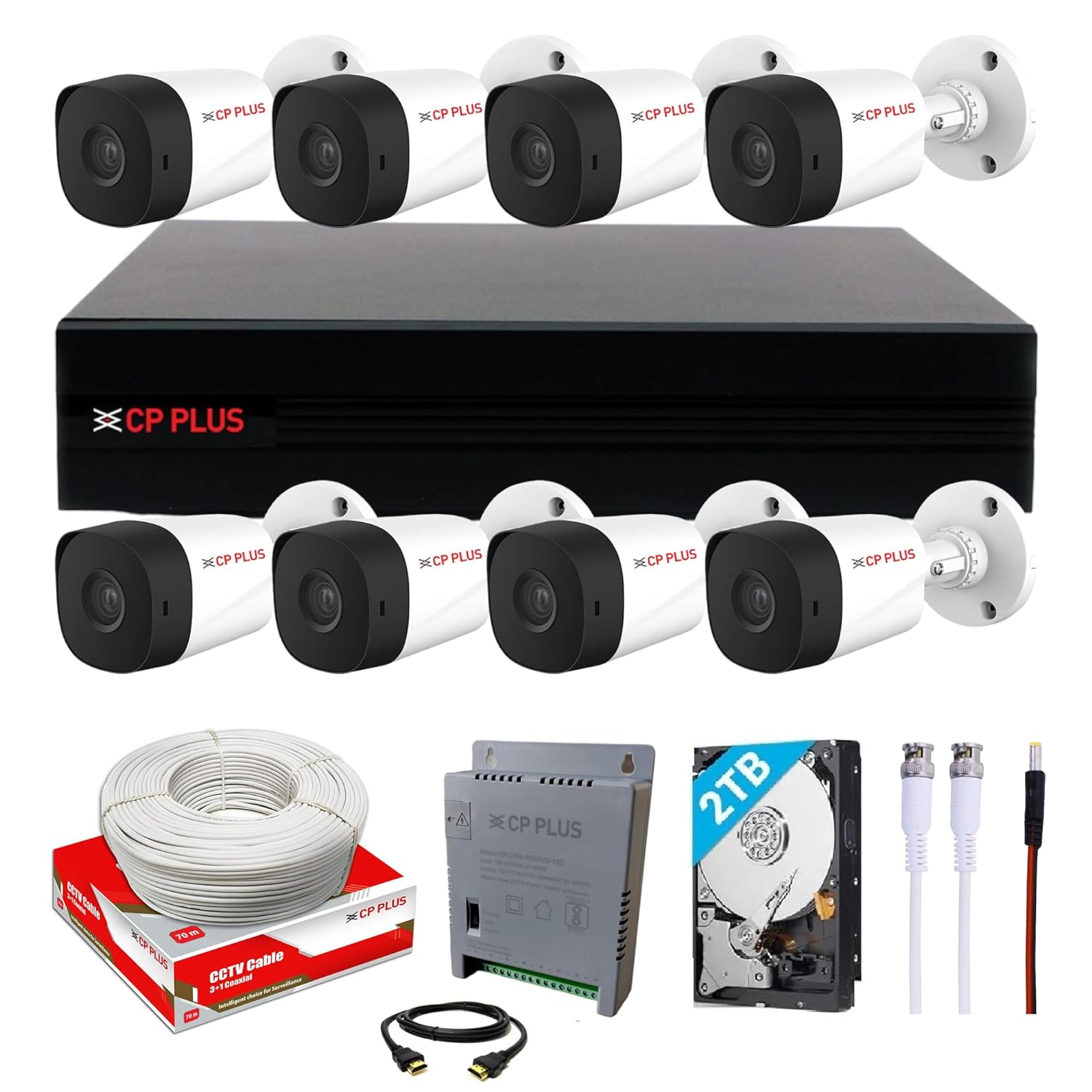CP PLUS Full HD 8 Channel DVR with 24 MP 8 Outdoor Cameras Built-in Audio MIC  Motion Detection  2 TB HDD  8 Ch SMPS  CCTV Cable USEWELL HDMIBNCDC Set White