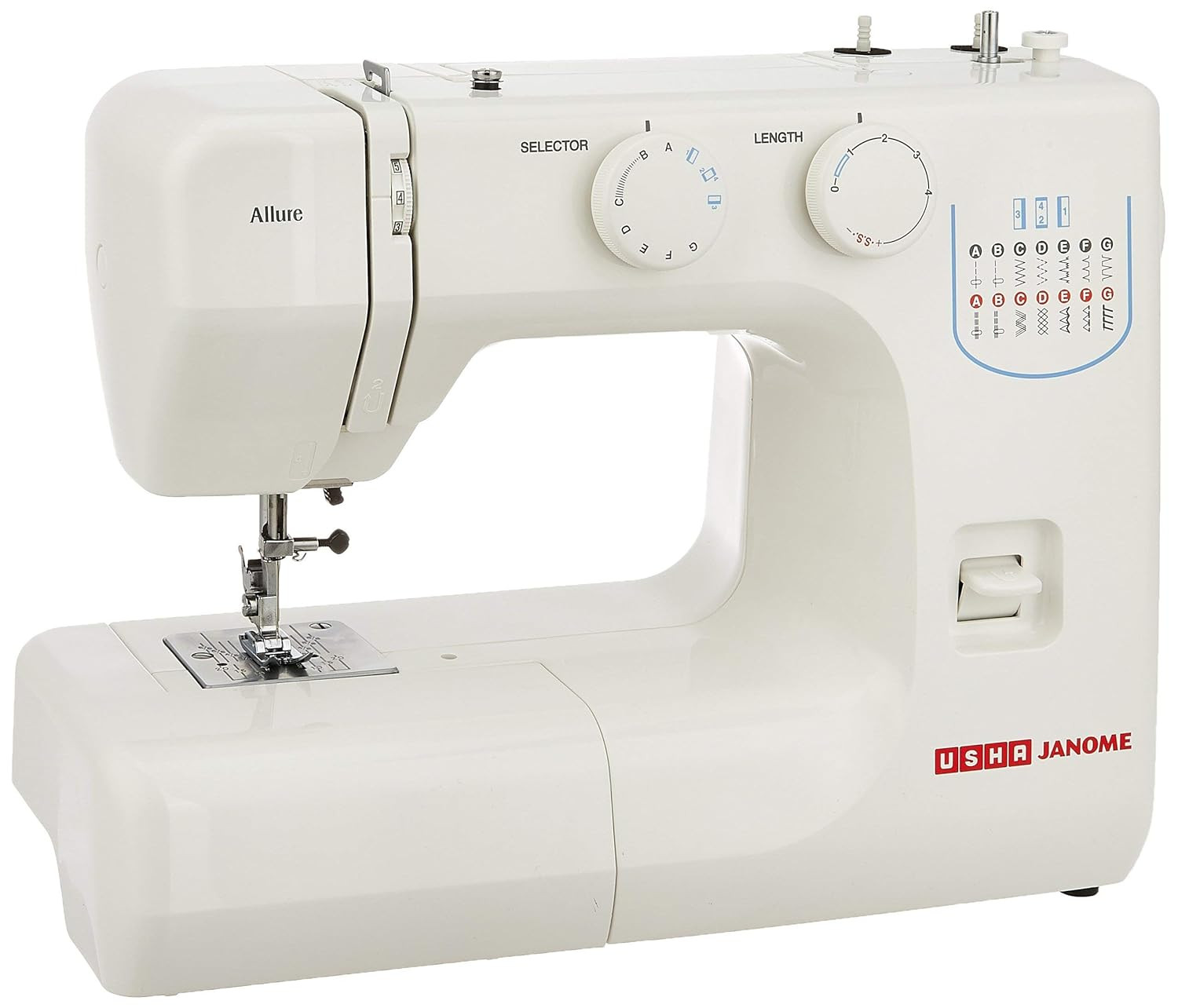 Usha Janome Allure Automatic Zig-Zag Electric Sewing Machine  13 Built-In-Stitches  21 Stitch Function White with complementary Sewing Lessons in Nine languages