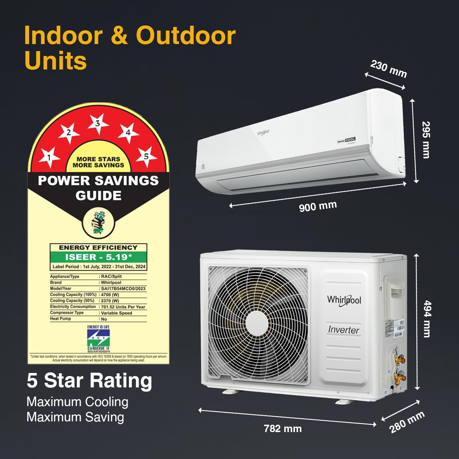 Whirlpool 15 Ton 5 Star Magicool Inverter Split AC MAGICOOL 15T 5S INV CNV S4I2AD0 Copper Convertible 4-in-1 Cooling Mode HD Filter 2024 Model White