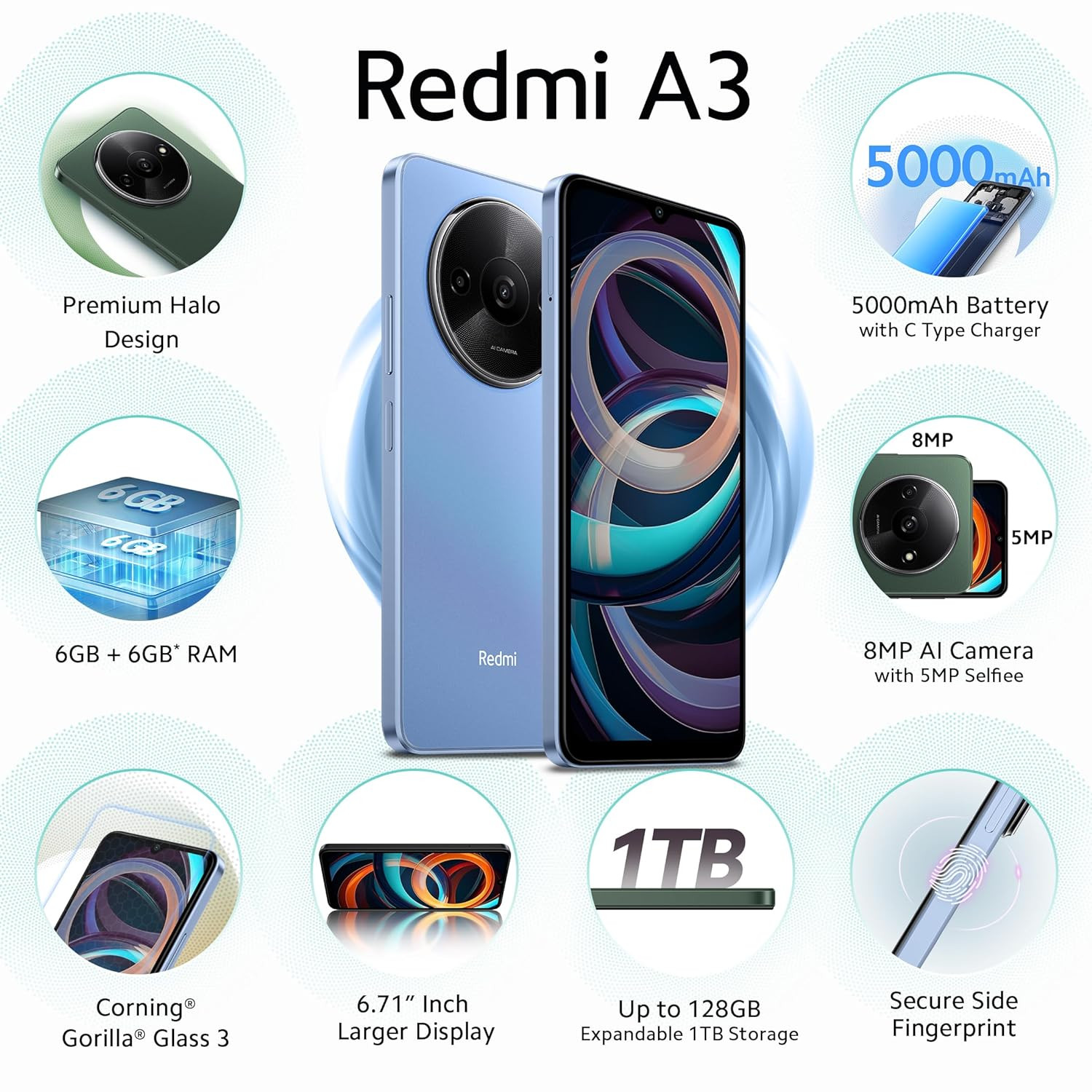 Redmi A3 Lake Blue 6GB RAM 128GB Storage  Premium Halo Design  90Hz Display Karmalife