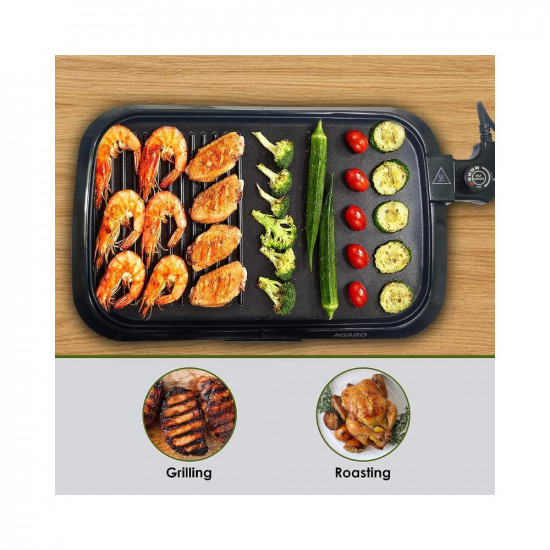 AGARO 1600 Watt Barbeque Non-Stick Electric Griller with Toughened Glass Lid BBQ Grill Black