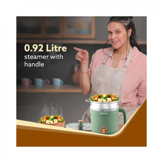 AGARO Regency Multi Cook Kettle With Steamer 12L Inner Pot Double Layered Body Variable Temperature Settings Wide Mouth Boiling Steaming Tea Coffee Egg Vegetable Boiling 600W Sea Green