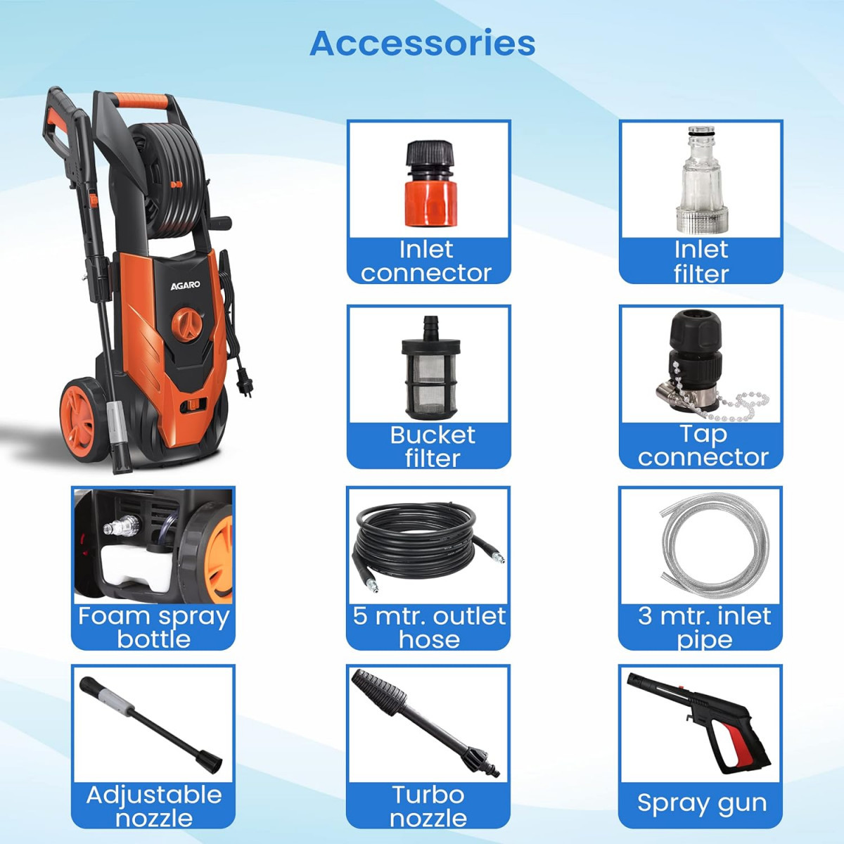 AGARO Royal High Pressure washer 1800 Watts Motor 140 Bars 7LMin Flow Rate 5 Meters Outlet Hose Upright Design With Wheel For Car Bike and Home Cleaning Purpose Turbo Nozzle Black and Orange