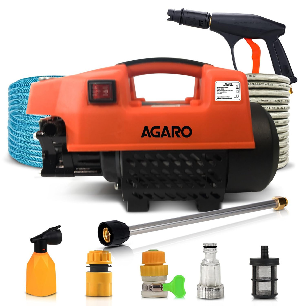 AGARO Supreme High Pressure Washer Car Washer 1800 Watts Motor 120 Bars 65LMin Flow Rate 8 Meters Outlet Hose Portable Car Bike  Home Cleaning Black and Orange