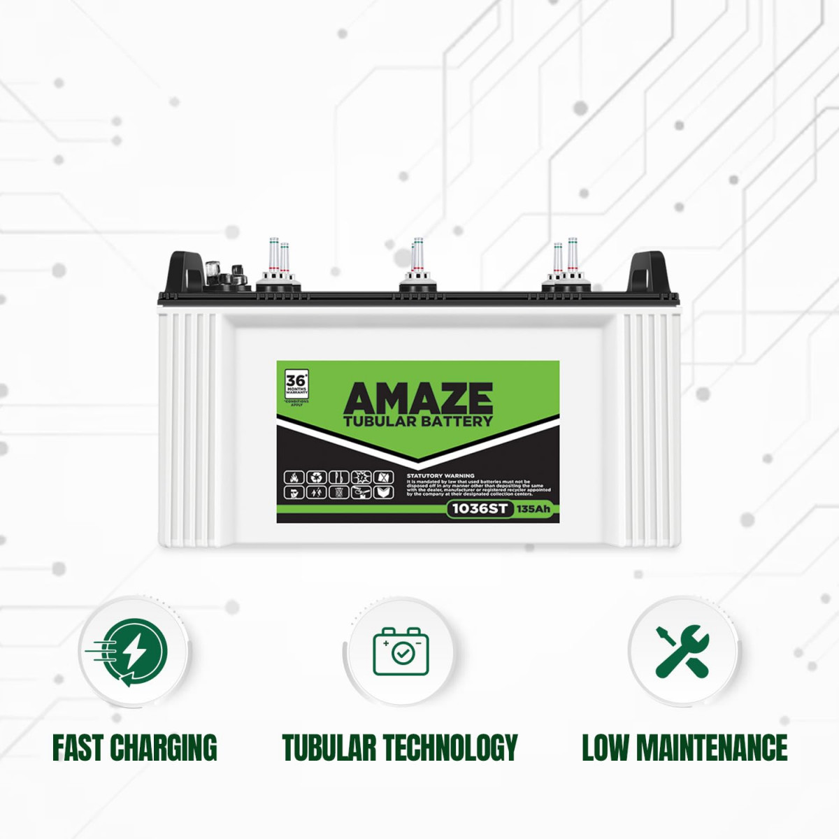 Amaze 1036ST 135Ah Short Tubular Battery for Home Office  Shops