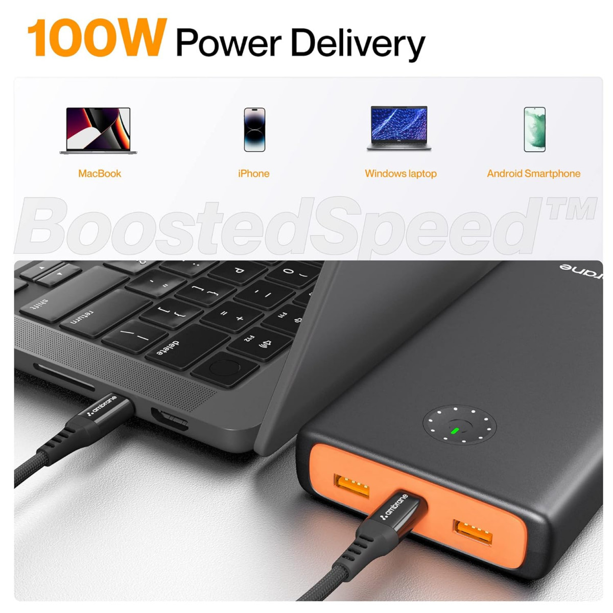 Ambrane 100W Fast Charging Powerbank for MacBook Type C Laptop  Mobile Charging