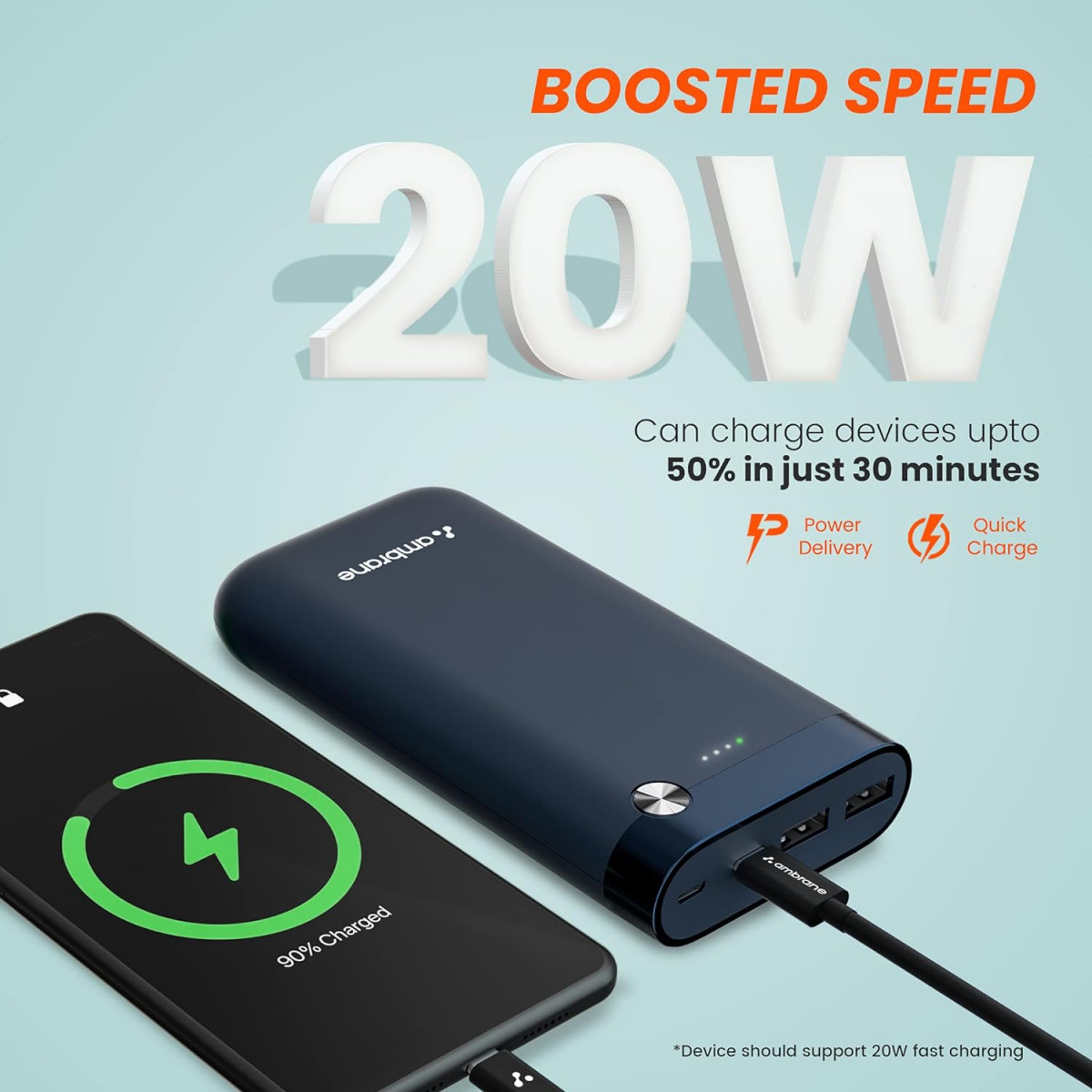 Ambrane 20000mAh Powerbank 20W Fast Charging Triple Output 2 USB  1 Type C Power Delivery