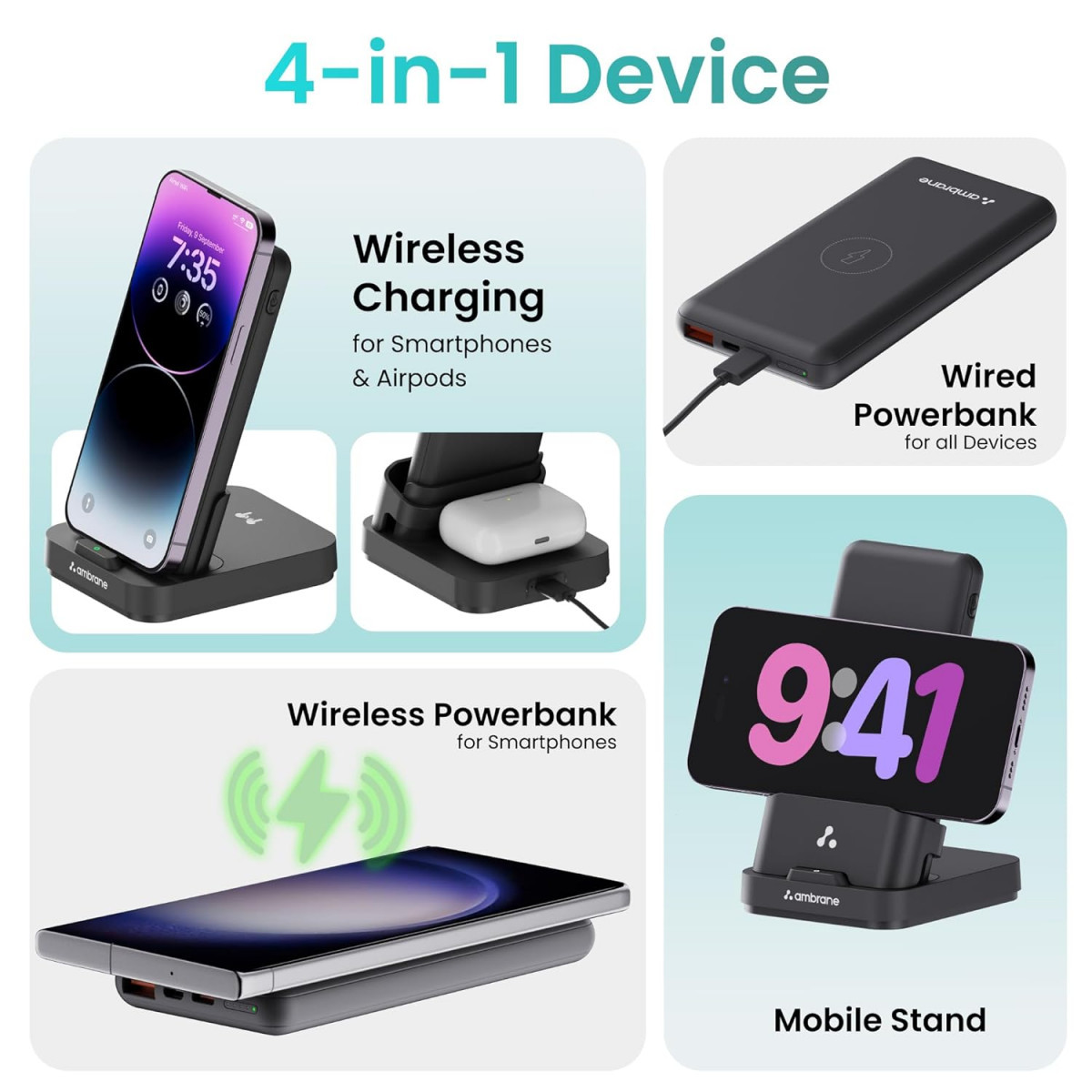 Ambrane 4 in 1 Wireless Charging 10000mAh Power Bank 225W Fast Charging USB  Type C Output Power Delivery