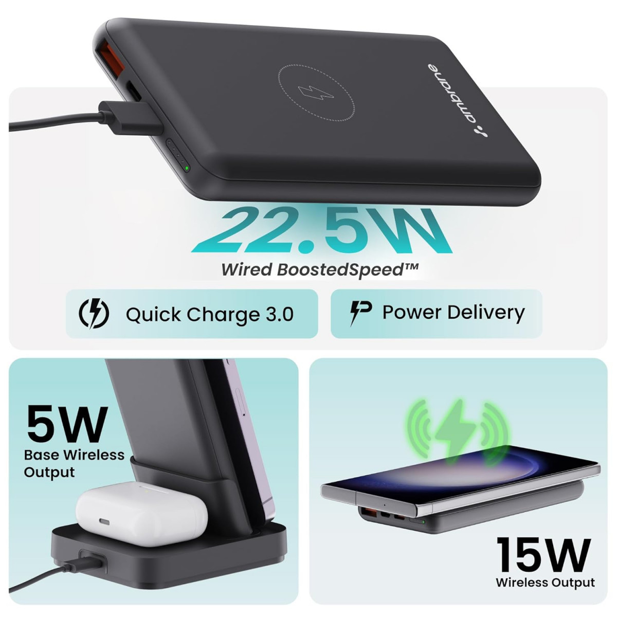 Ambrane 4 in 1 Wireless Charging 10000mAh Power Bank 225W Fast Charging USB  Type C Output Power Delivery