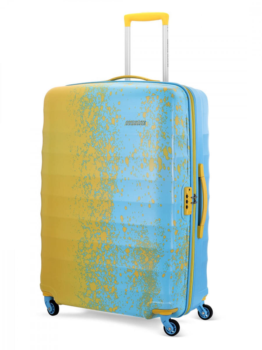 American Tourister Geller Spinner 69 cms Medium Check-in Polycarbonate Hard Sided Printed Colourful LuggageTrolley Bag with TSA Lock for Men and Women Yellow and Blue