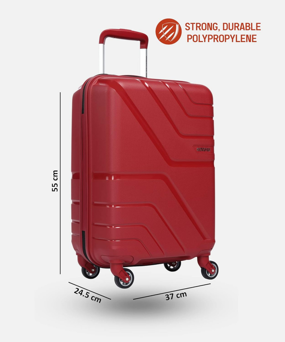 American Tourister Upland Spinner 55 Cms Polypropylene Hardsided Small Cabin LuggageSpeedWheel 8 Wheel SuitcaseTrolley Bag Formula Red