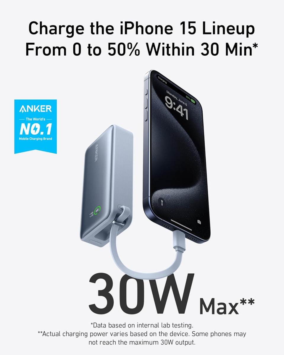 Anker Nano Power Bank 10000 mAh with Built-in USB C Cable 30W Fast Charging with 1 USB-C 1 USB-A