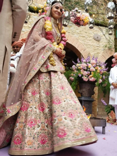 anushka sharma peach embroidered taffeta silk bridal wear lehenga choli 587983 l