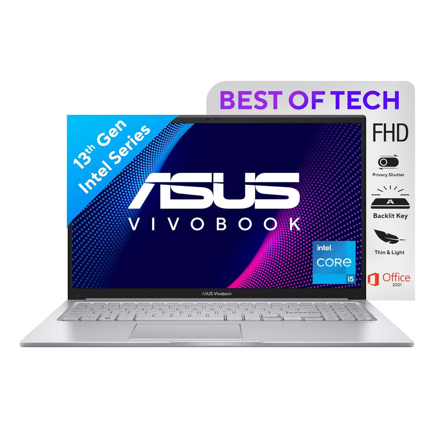 ASUS Vivobook 15 2023 Intel Core i5-1335U 13th Gen 156 3962 cms FHD Thin and Light Laptop 8GB512GB SSDIntel Iris XWin 11Office 2021Backlit KBSilver17 kg X1504VA-NJ522WS