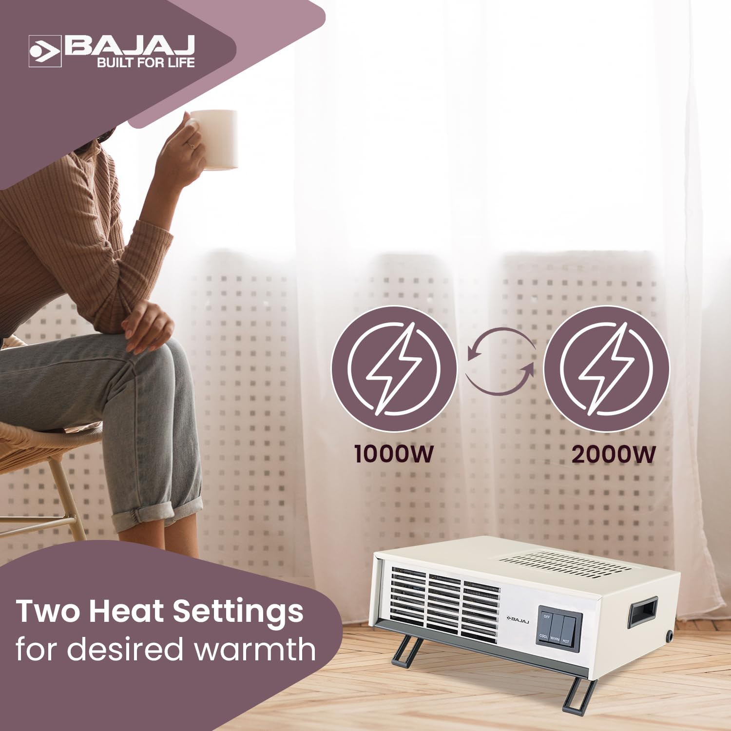 Bajaj Blow Hot Portable Room Heater For Bedroom2 Heat Settings-1000 Watt 2000 WattIdeal Room Heater For WinterEasy MobilityCompact DesignAuto-Thermal Cut-Off2-Yr Warranty By BajajWhite Color