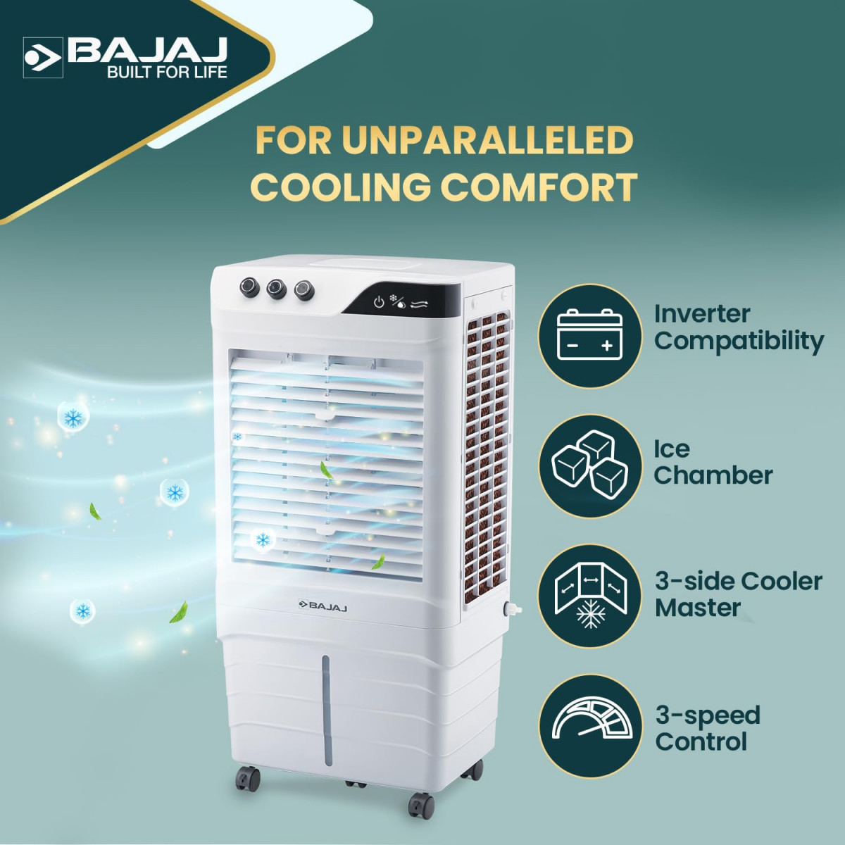 Bajaj DMH 90 Neo 90L Desert Air Cooler for home with DuraMarine Pump 1 Year Warranty Hexacool  TurboFan Technology Ice Chamber 90-Feet Air Throw  3-Speed Control White Cooler for room