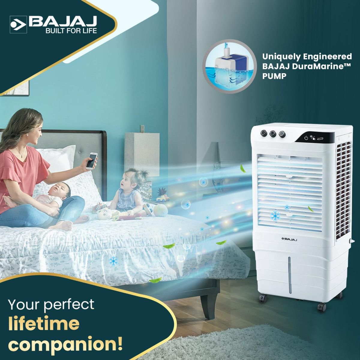 Bajaj DMH 90 Neo 90L Desert Air Cooler for home with DuraMarine Pump 1 Year Warranty Hexacool  TurboFan Technology Ice Chamber 90-Feet Air Throw  3-Speed Control White Cooler for room