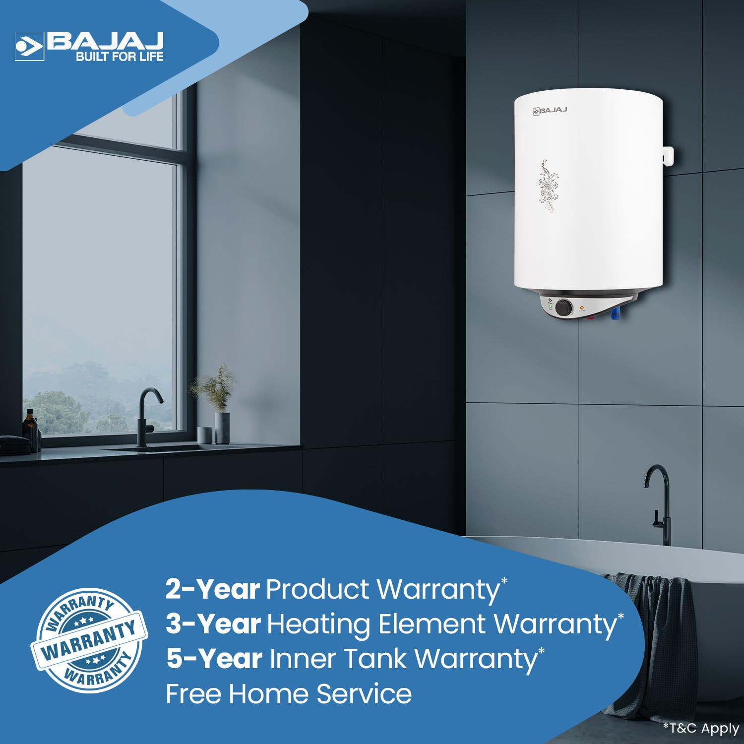 Bajaj Edrea 15 Litre Storage 5-Star Rated Storage vertical Wall Water HeaterGeyser for homePolymer Coated TankMultiple SafetySuitable for High RiseChild Safety Mode5-Yr Warranty by BajajWhite