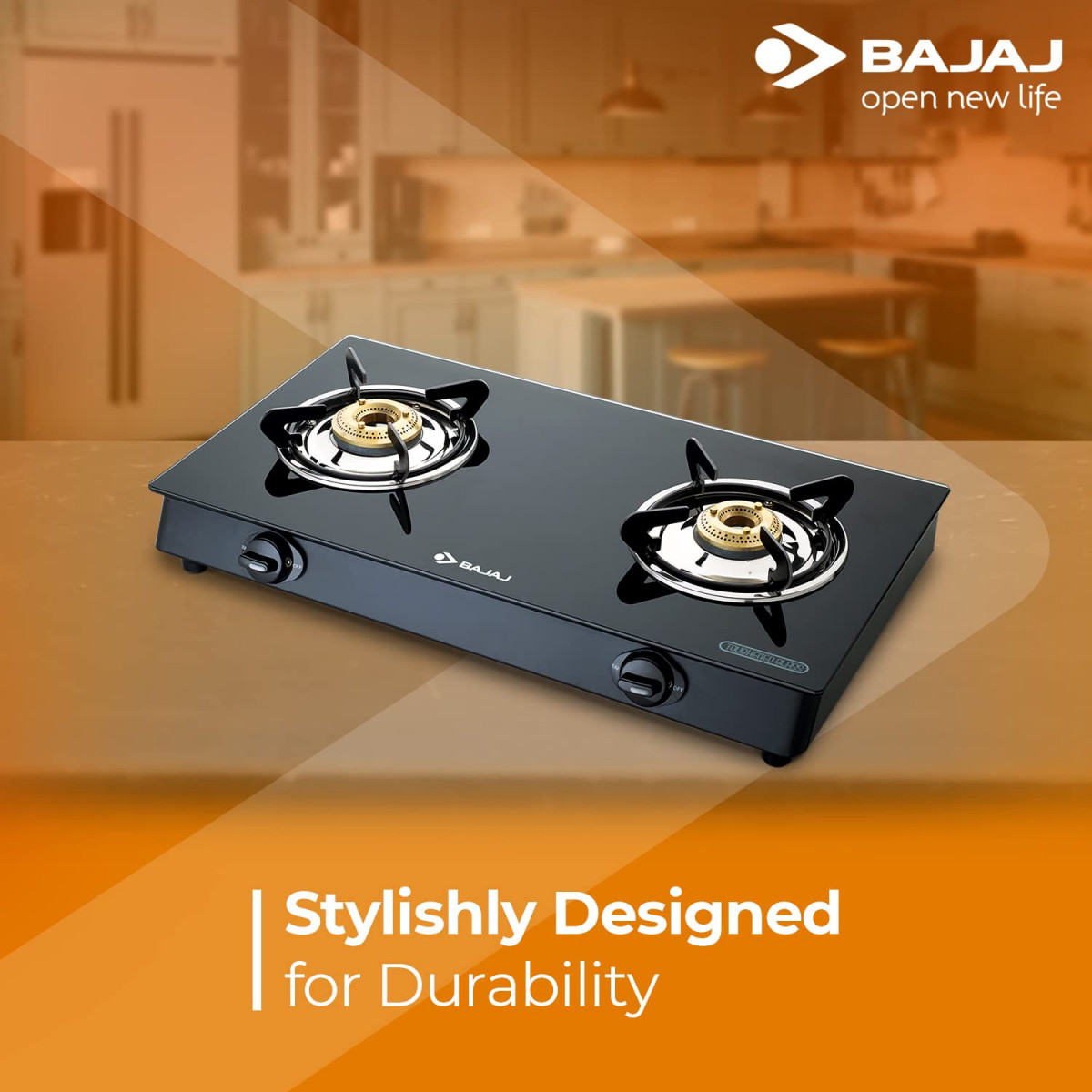 Bajaj GP6 2-Burner Stainless Steel  Glass Gas Stove Manual Black ISI Certified