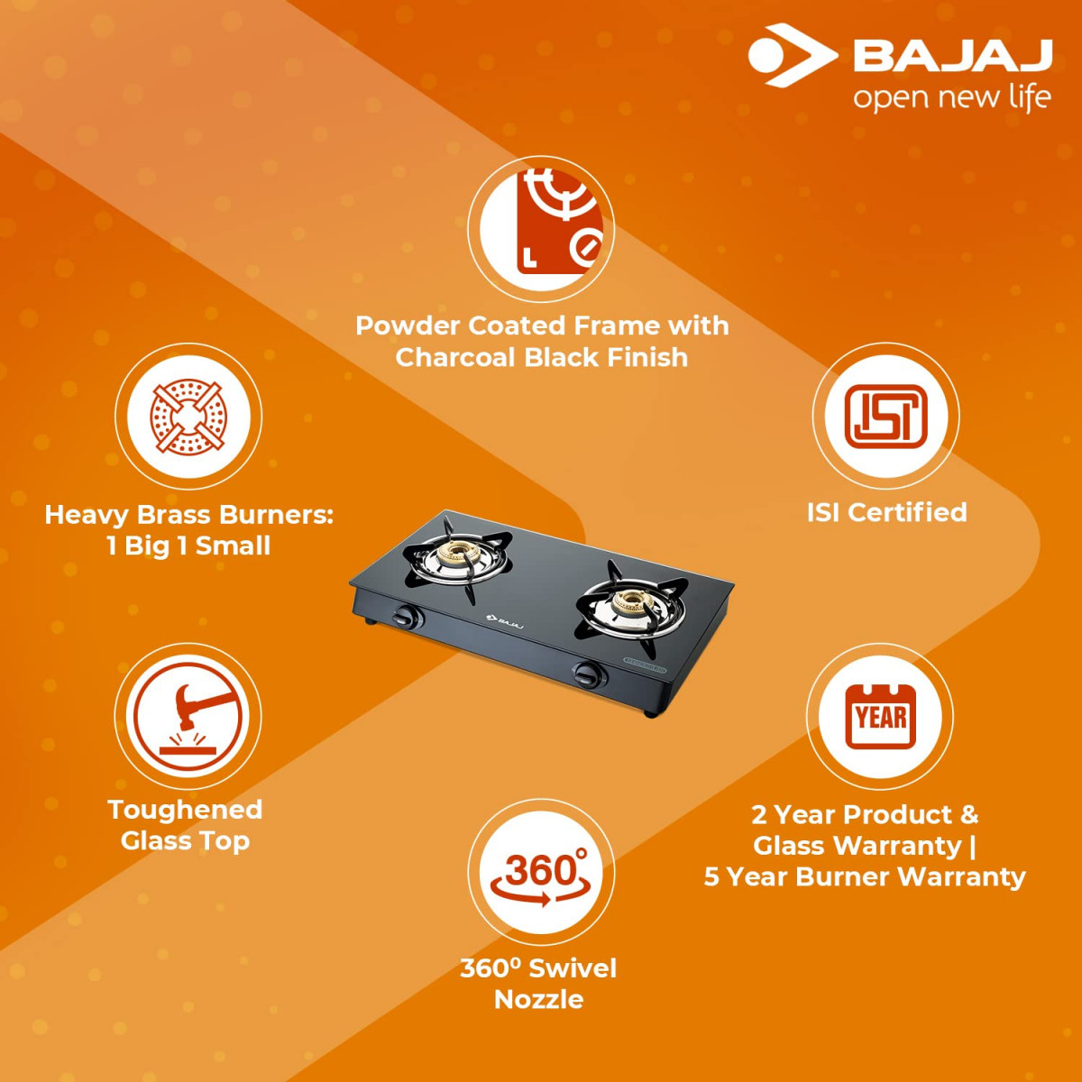Bajaj GP6 2-Burner Stainless Steel  Glass Gas Stove Manual Black ISI Certified