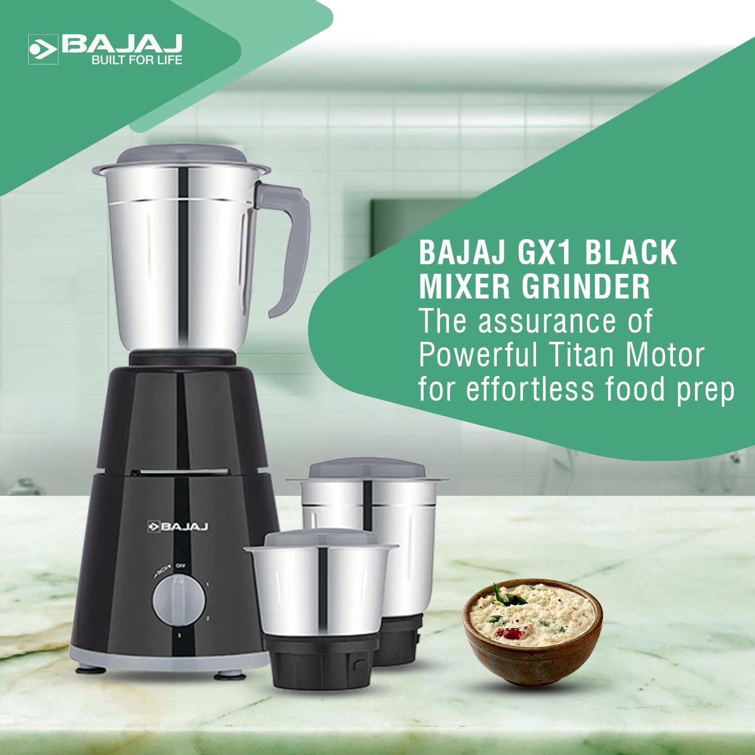 Bajaj GX-1 Mixer Grinder 500WSuperior Mixie For Kitchen2-in-1 for Dry Grinding Blade Function With Titan Motor3 Stainless Steel Mixer Jars1 Year Product Warranty By BajajBlack