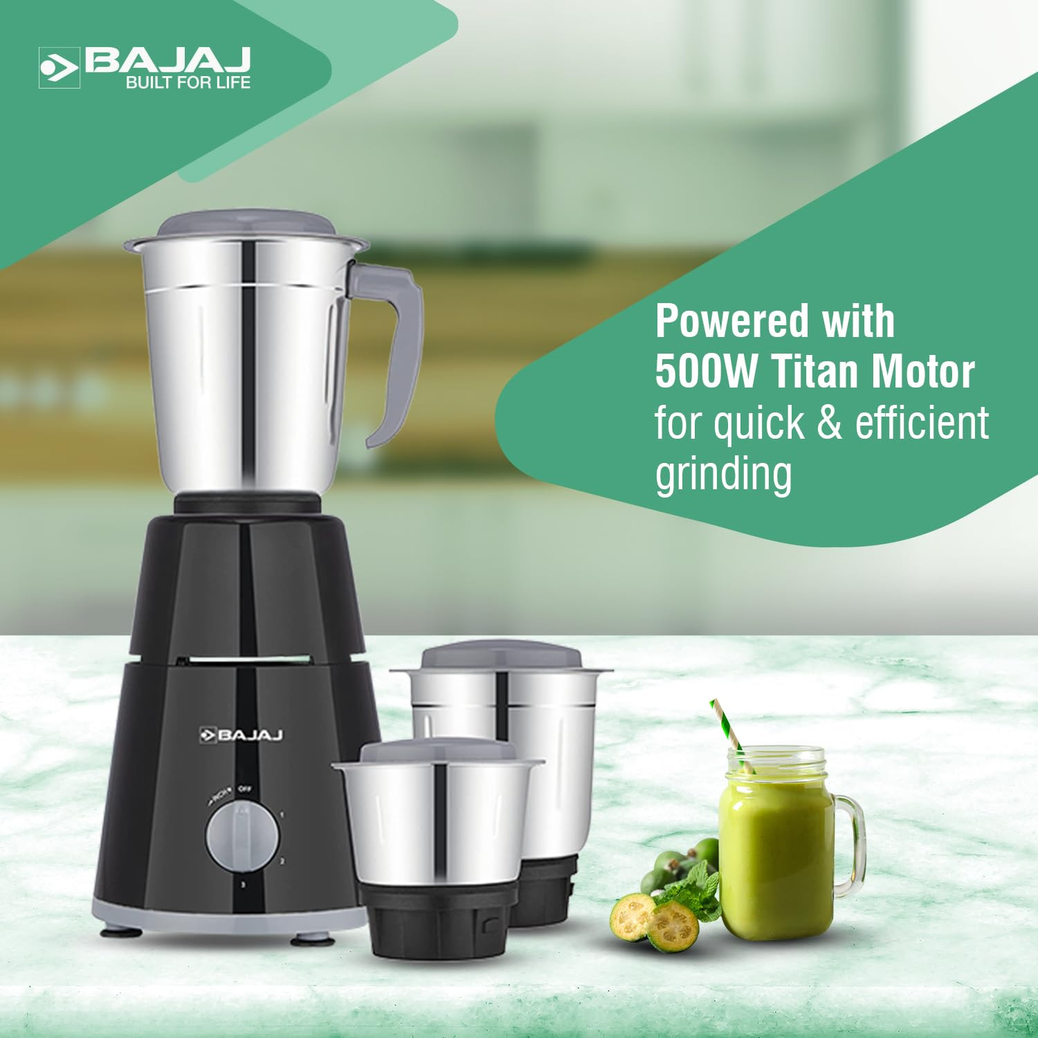 Bajaj GX-1 Mixer Grinder 500WSuperior Mixie For Kitchen2-in-1 for Dry Grinding Blade Function With Titan Motor3 Stainless Steel Mixer Jars1 Year Product Warranty By BajajBlack