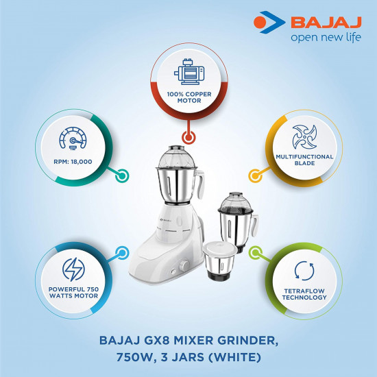 Bajaj GX 8 750 watts DLX 750W Mixer Grinder with 3 Jars White  Plastic