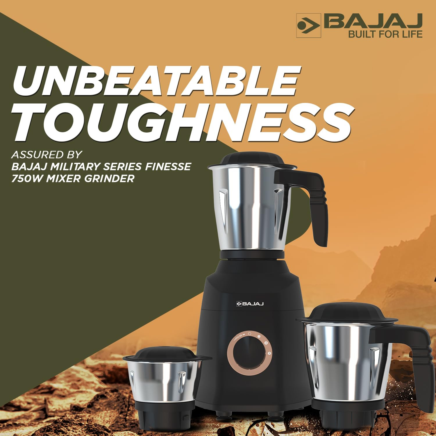 Bajaj Military Series Finesse 750W Mixer Grinder 3 Stainless Steel Military Grade Jars  DuraCut Blades Midnight Black 750 Watts