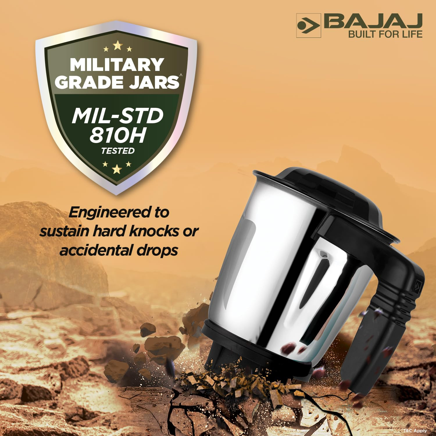 Bajaj Military Series Finesse 750W Mixer Grinder 3 Stainless Steel Military Grade Jars  DuraCut Blades Midnight Black 750 Watts