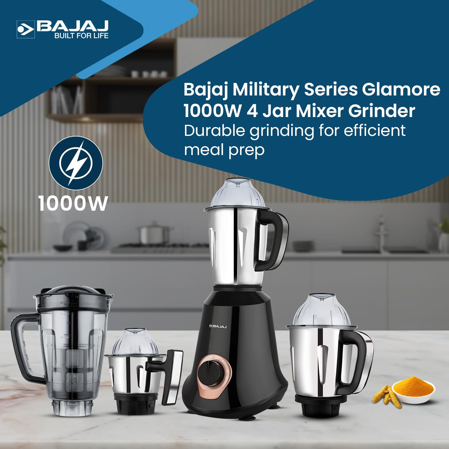 Bajaj Military Series Glamore 4 Jar 1000 Watts Mixer Grinder  3-Speed Control With Pulse Effect Mixie 2 Years Warranty  Jet Black