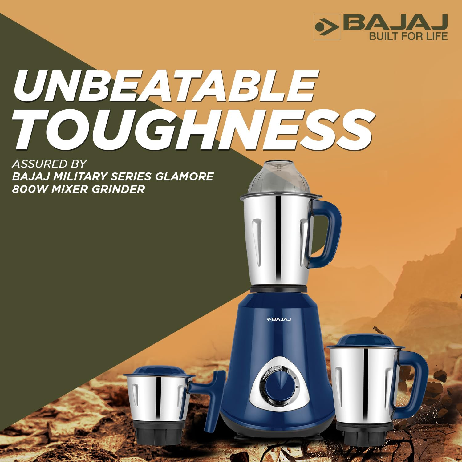 Bajaj Military Series Glamore 800W Mixer Grinder 3 Stainless Steel Military Grade Jars DuraCut Blades Royal Blue