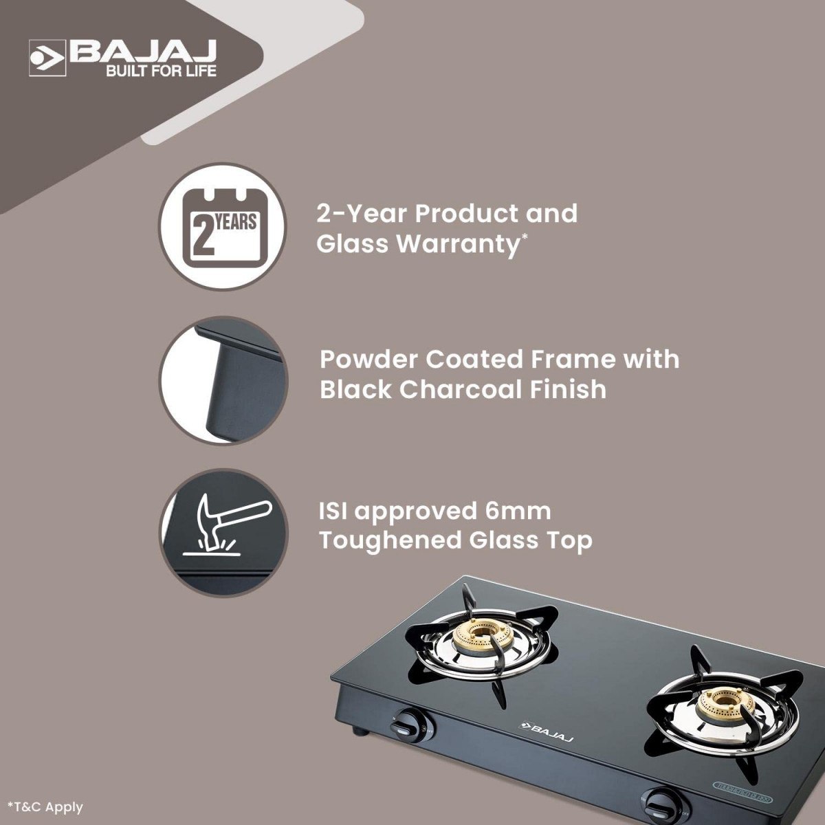 Bajaj NBAI Powder Coated Glasstop Gas Stove with Non Battery Auto Ignition 2 Burner Black