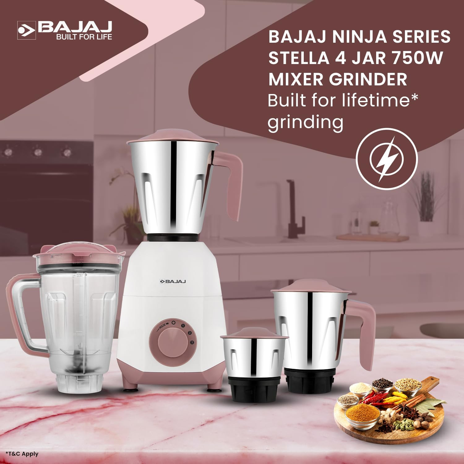 Bajaj Ninja Series Stella 750W Mixer Grinder with 4 Jar White