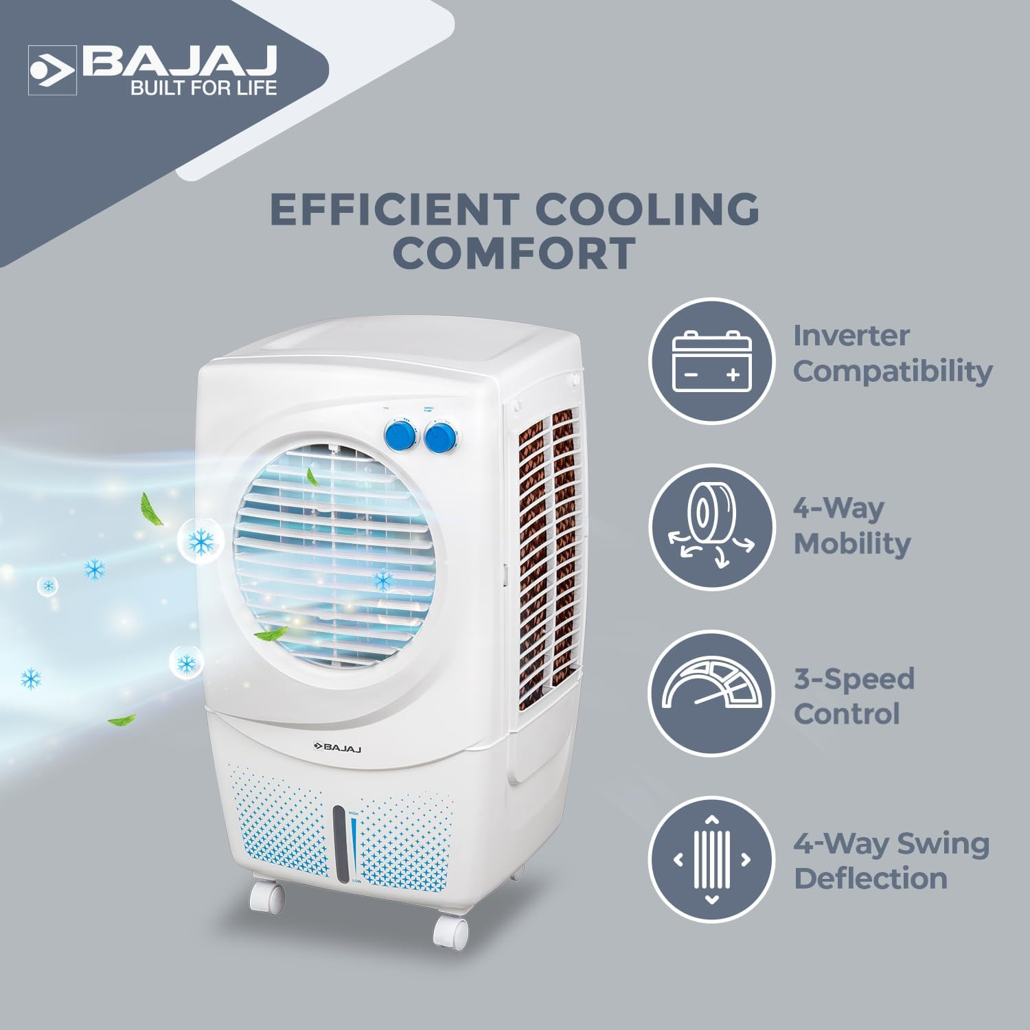 Bajaj PMH 36 Torque 36L Air Cooler TurboFan Technology Powerful Air Throw Personal Cooler Portable Air Cooler Durable Pump 3-Speed Control White